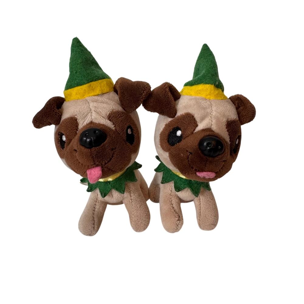 Hallmark plush mini tan brown Pugs Christmas Elf Stuffed Animal Toy Dogs Gift 5"